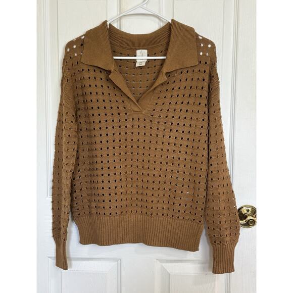 Joie Brown Open Knit Collared Sweater Size XS Preppy Minimalist Boho Modern - Picture 1 of 7